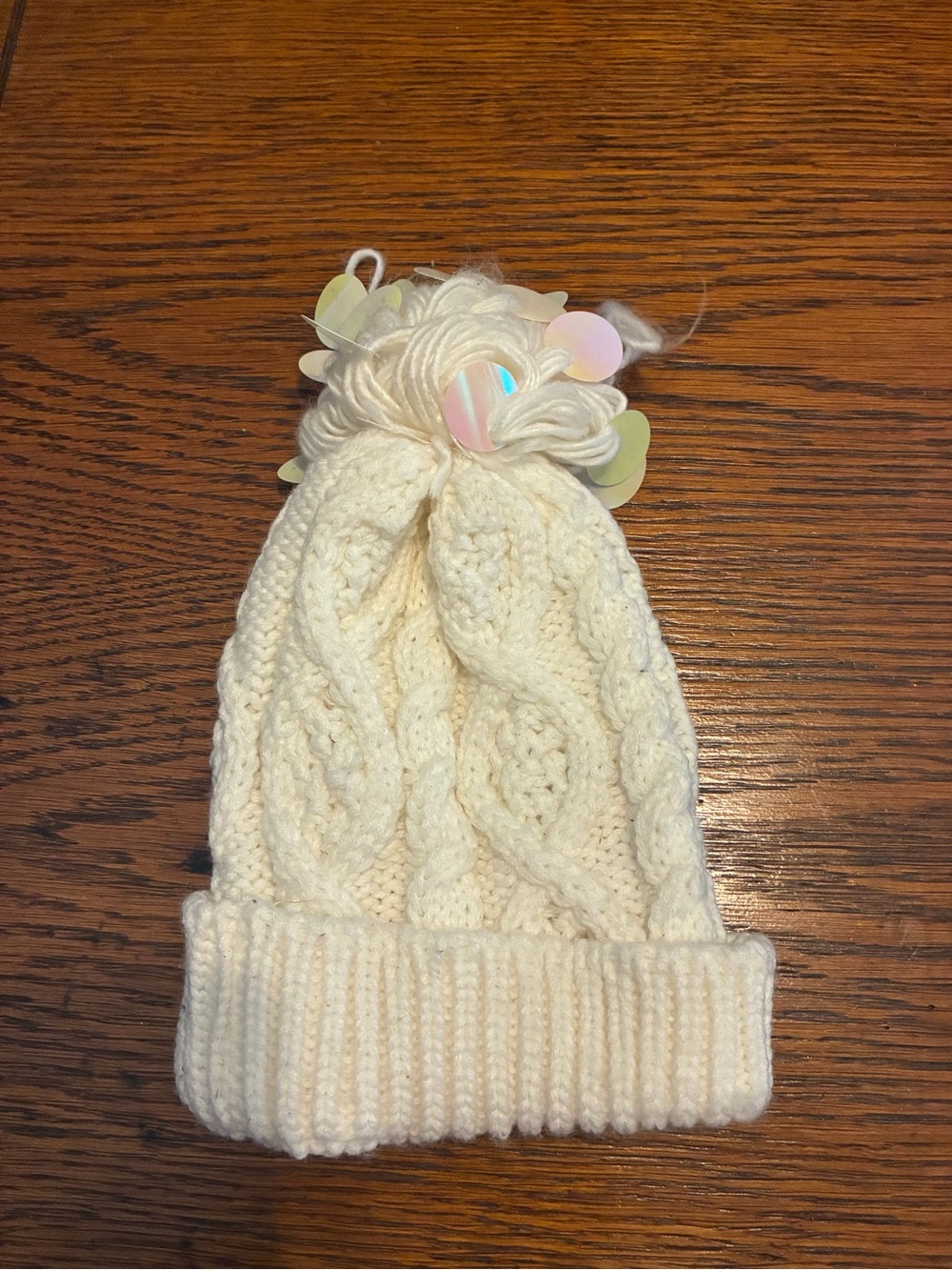 Cozy Cream Cable-Knit Pom Beanie for Kids with Iridescent Sequin Accent